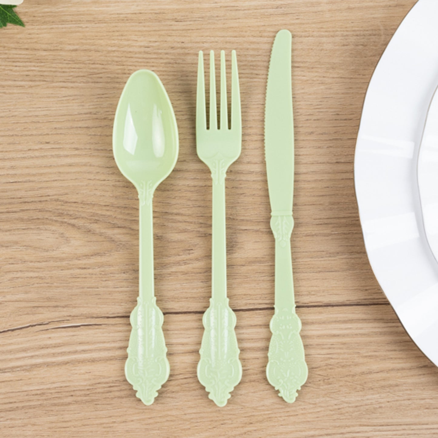 72 Pcs Sage Green Plastic Silverware Set in Baroque Style, Heavy Duty Disposable Utensils - Knife, Fork and Spoon Set