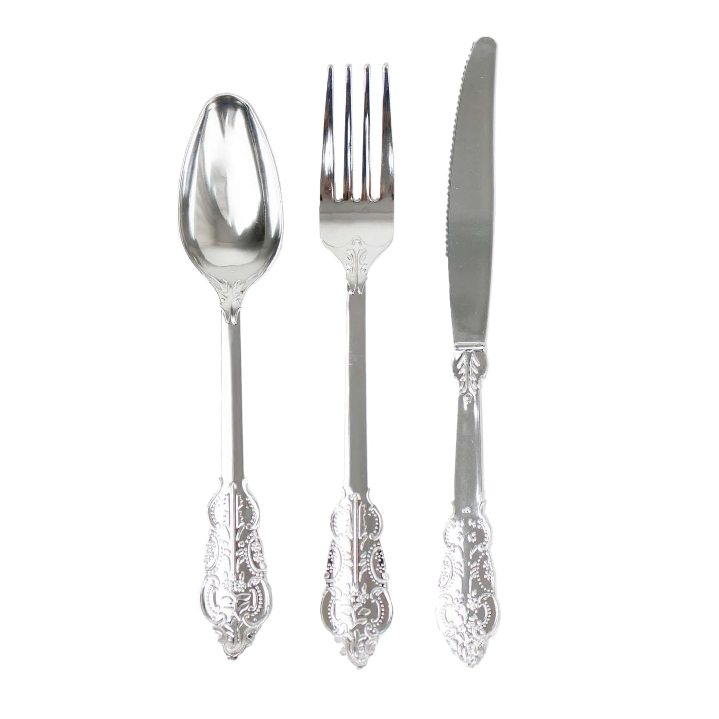24 Pack | Metallic Silver Baroque Style Heavy Duty Plastic Silverware Set
