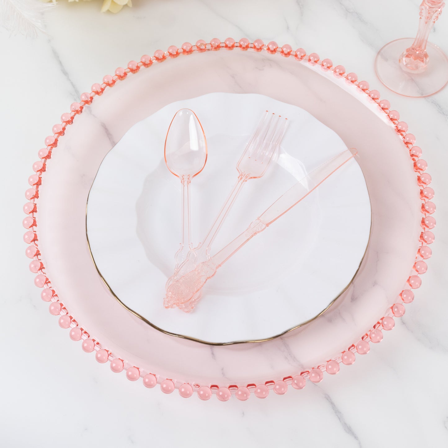 72 Pcs Plastic Silverware Set in Baroque Style Transparent Blush - Heavy Duty Disposable Knife, Fork, and Spoon Set