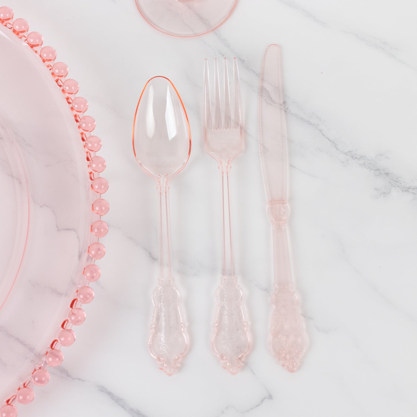 72 Pcs Plastic Silverware Set in Baroque Style Transparent Blush - Heavy Duty Disposable Knife, Fork, and Spoon Set
