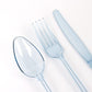 72 Pcs Plastic Silverware Set in Baroque Style Transparent Dusty Blue - Heavy Duty Disposable Knife, Fork, and Spoon Set