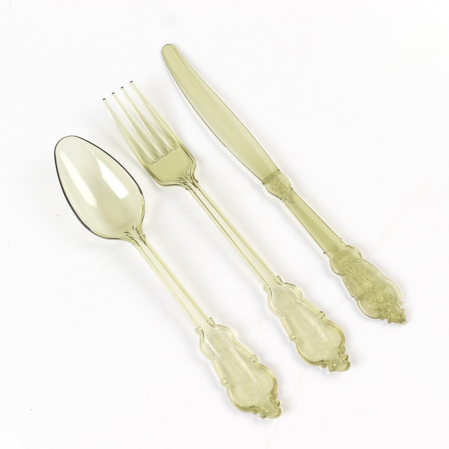 72 Pcs Plastic Silverware Set in Baroque Style Transparent Dusty Sage Green - Heavy Duty Disposable Knife, Fork, and Spoon Set