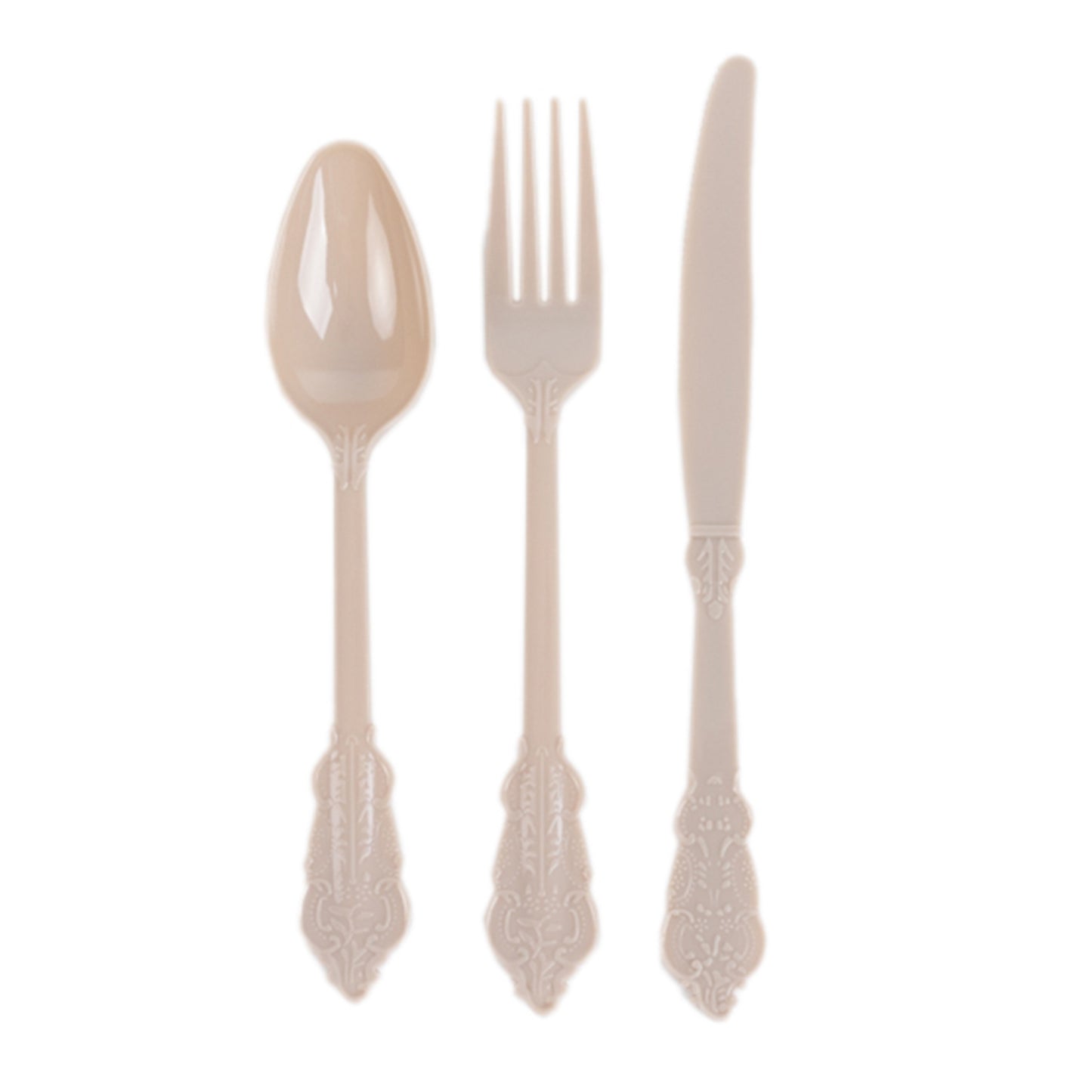 72 Pcs Taupe Plastic Silverware Set in Baroque Style, Heavy Duty Disposable Utensils - Knife, Fork and Spoon Set