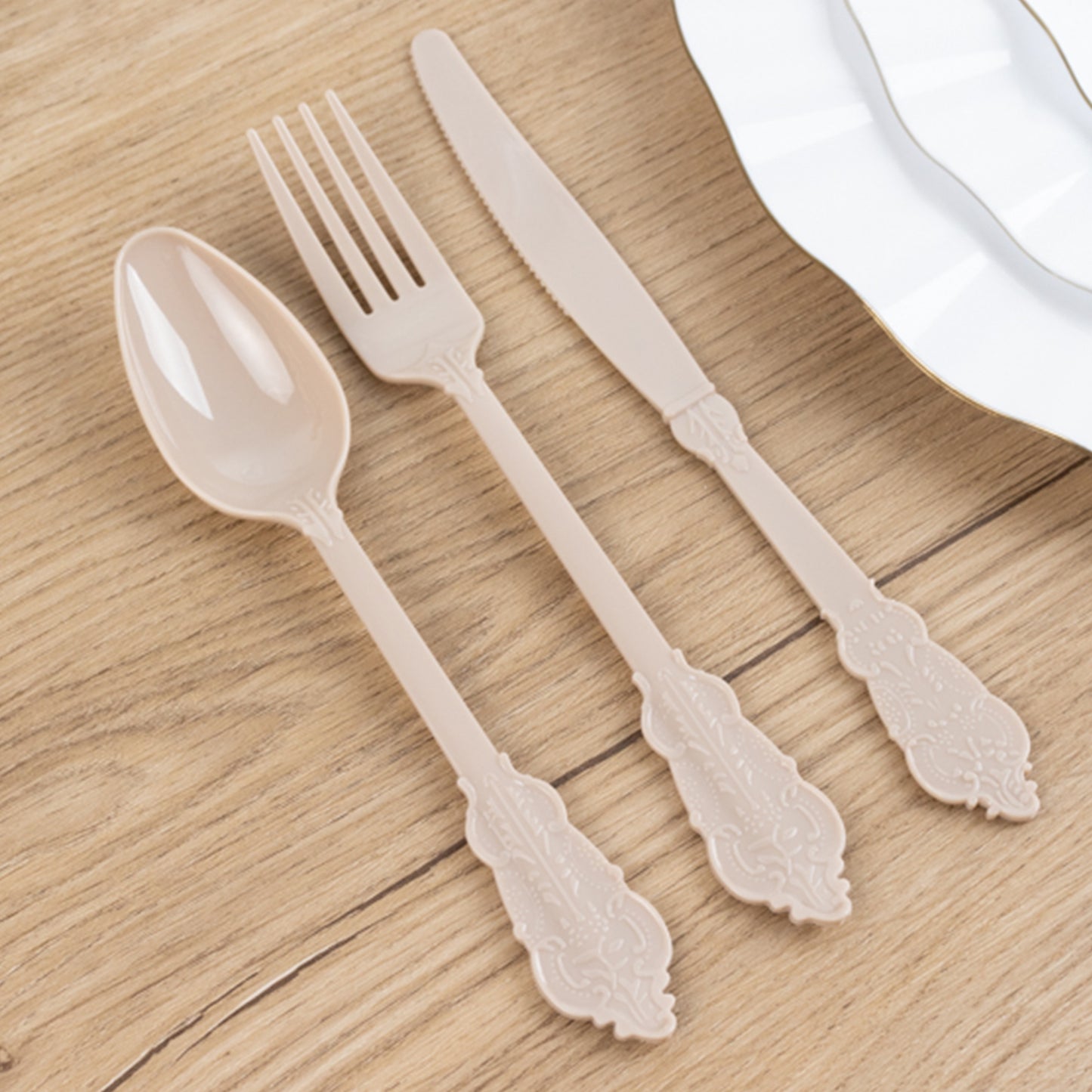 72 Pcs Taupe Plastic Silverware Set in Baroque Style, Heavy Duty Disposable Utensils - Knife, Fork and Spoon Set