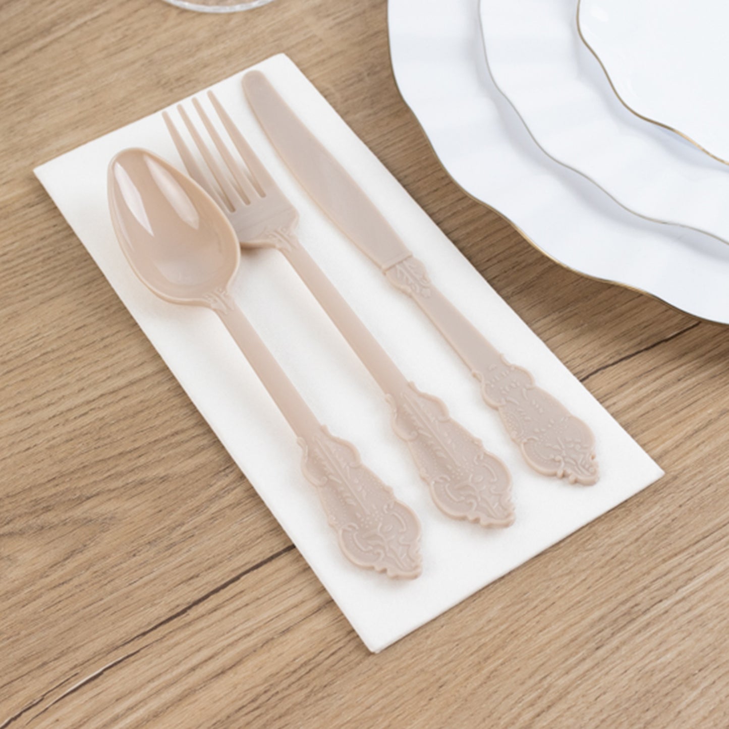 72 Pcs Taupe Plastic Silverware Set in Baroque Style, Heavy Duty Disposable Utensils - Knife, Fork and Spoon Set