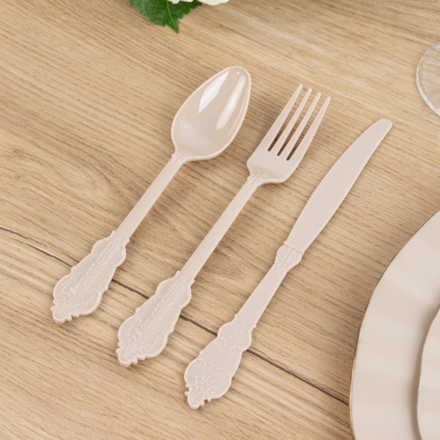 72 Pcs Taupe Plastic Silverware Set in Baroque Style, Heavy Duty Disposable Utensils - Knife, Fork and Spoon Set