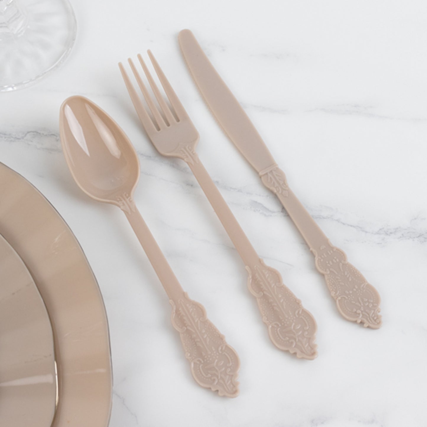 72 Pcs Taupe Plastic Silverware Set in Baroque Style, Heavy Duty Disposable Utensils - Knife, Fork and Spoon Set