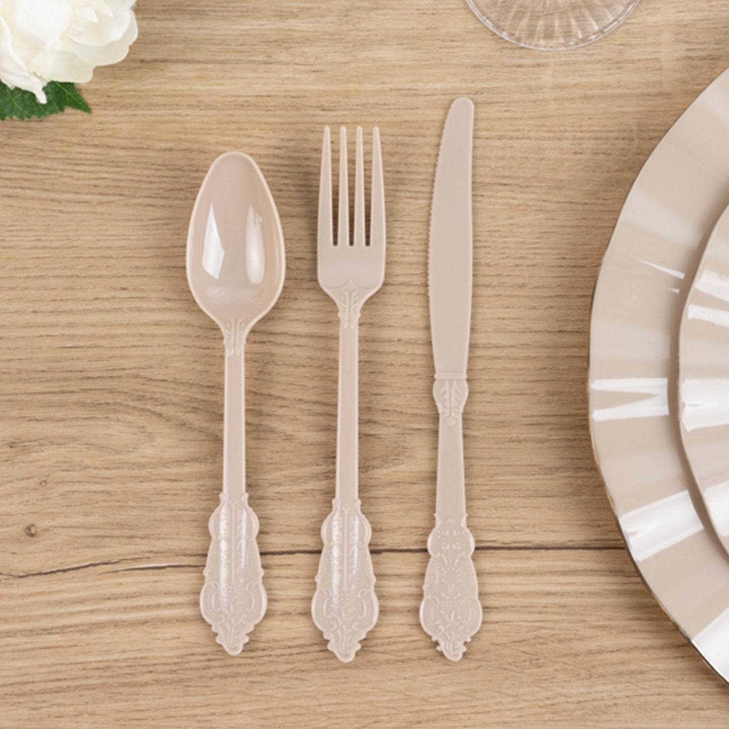 72 Pcs Taupe Plastic Silverware Set in Baroque Style, Heavy Duty Disposable Utensils - Knife, Fork and Spoon Set