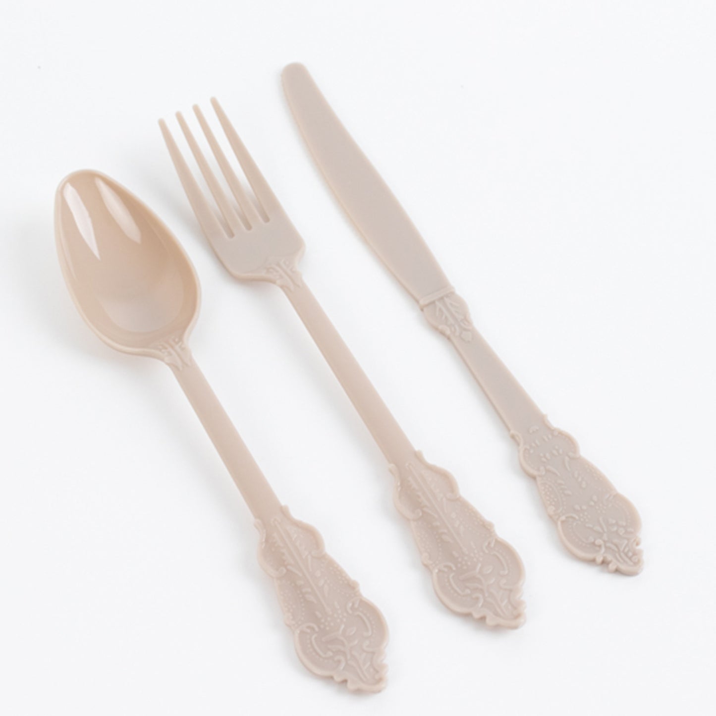 72 Pcs Taupe Plastic Silverware Set in Baroque Style, Heavy Duty Disposable Utensils - Knife, Fork and Spoon Set