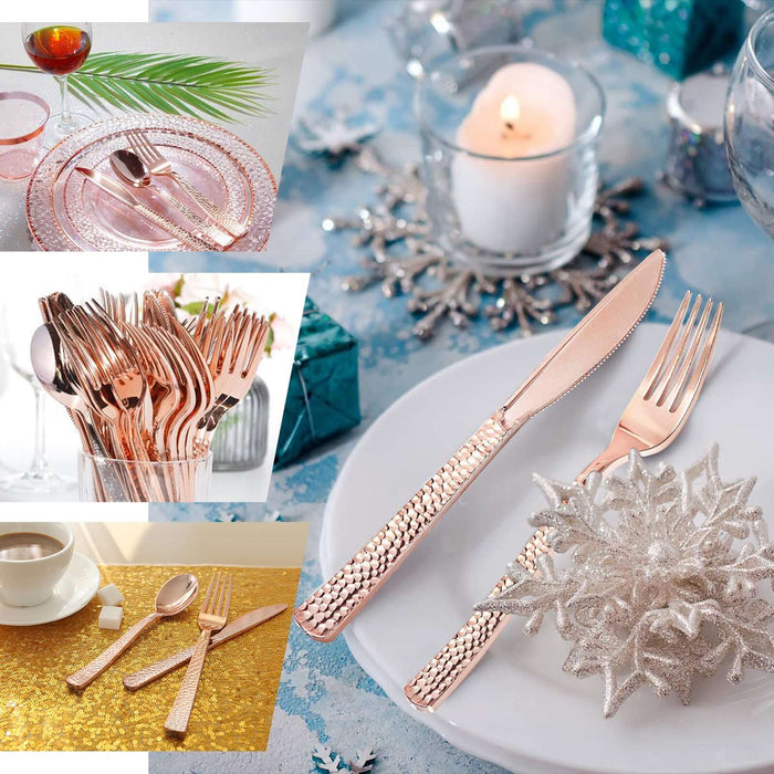 24 Pack 7" Hammered Design Rose Gold Heavy Duty Plastic Silverware Set