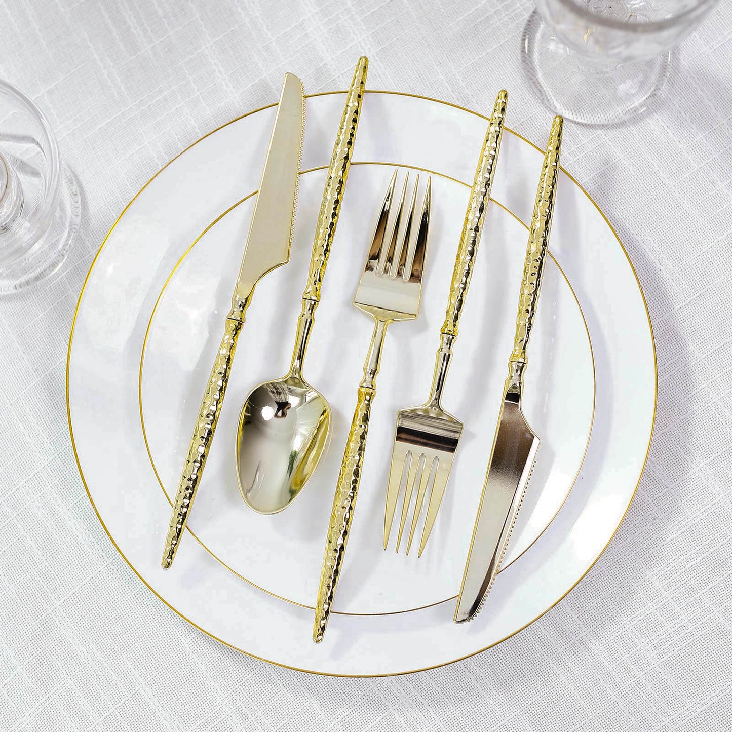 60-Pack Gold Plastic Cutlery Set with Faceted Hammered Handles - Heavy Duty Disposable Silverware