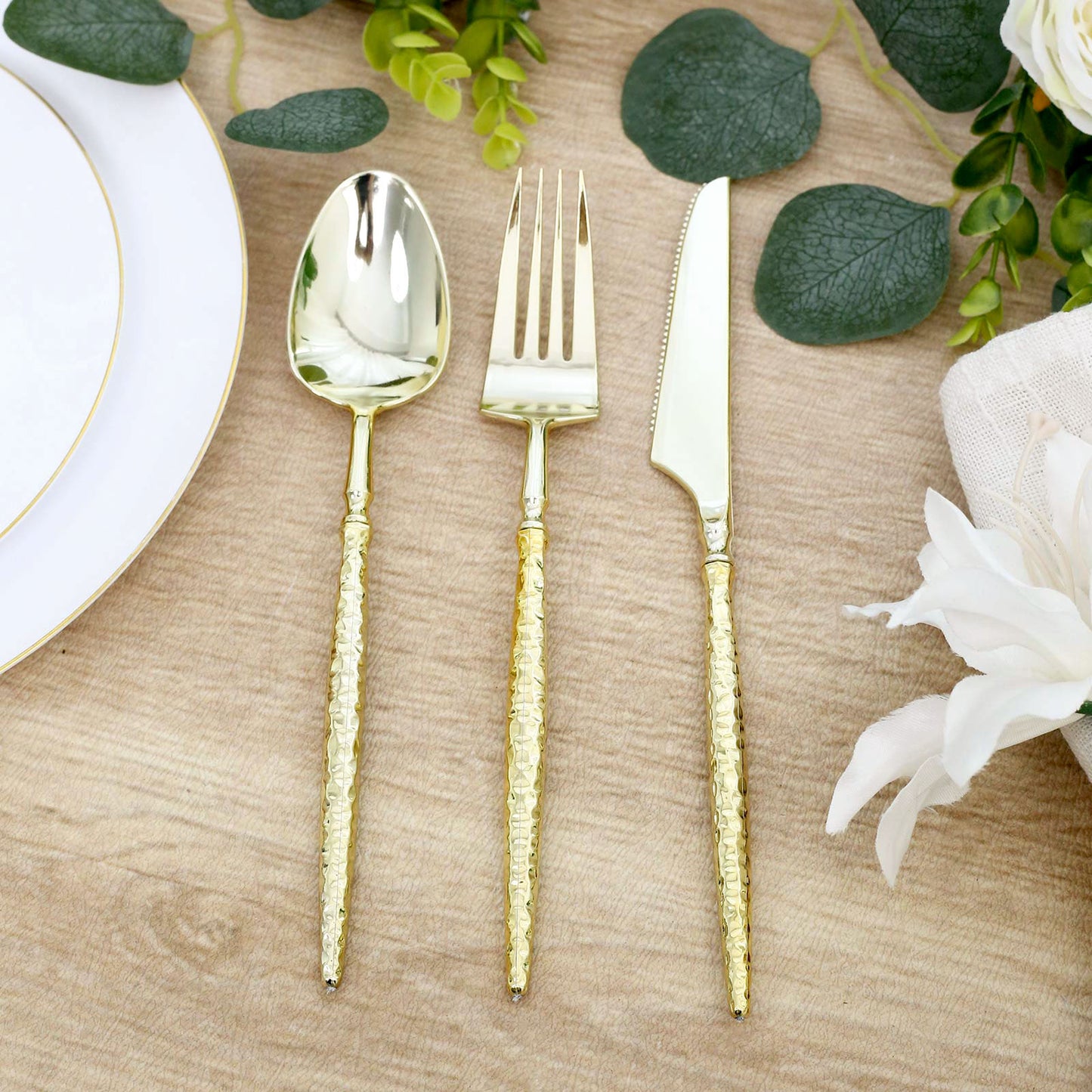 60-Pack Gold Plastic Cutlery Set with Faceted Hammered Handles - Heavy Duty Disposable Silverware