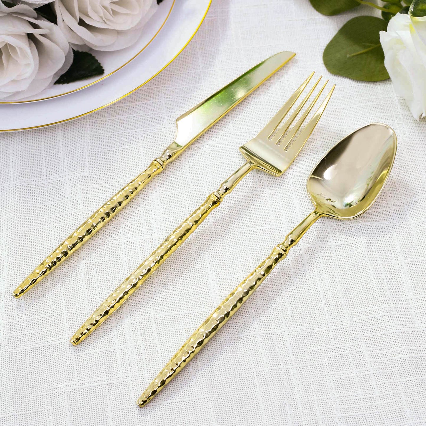 60-Pack Gold Plastic Cutlery Set with Faceted Hammered Handles - Heavy Duty Disposable Silverware