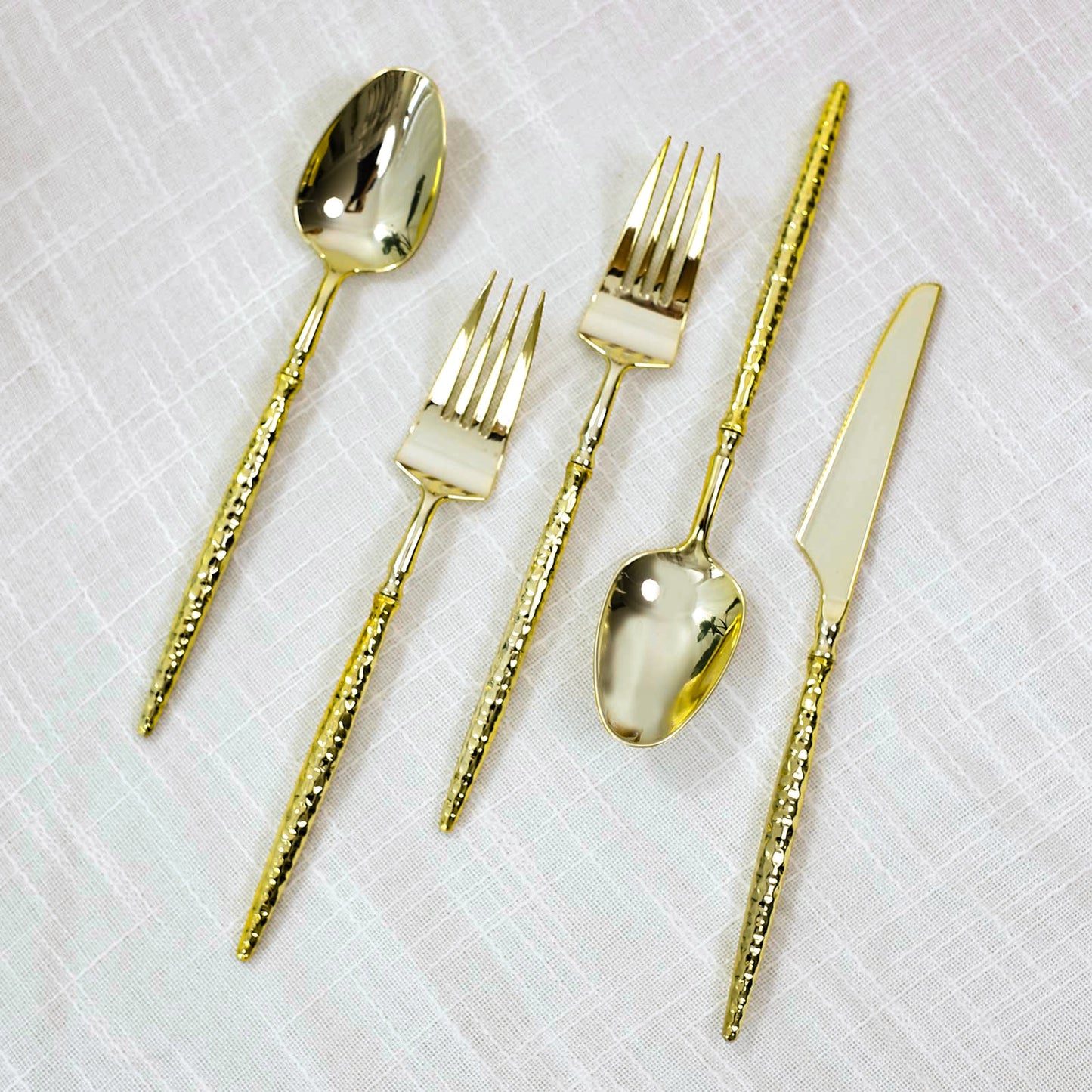 60-Pack Gold Plastic Cutlery Set with Faceted Hammered Handles - Heavy Duty Disposable Silverware