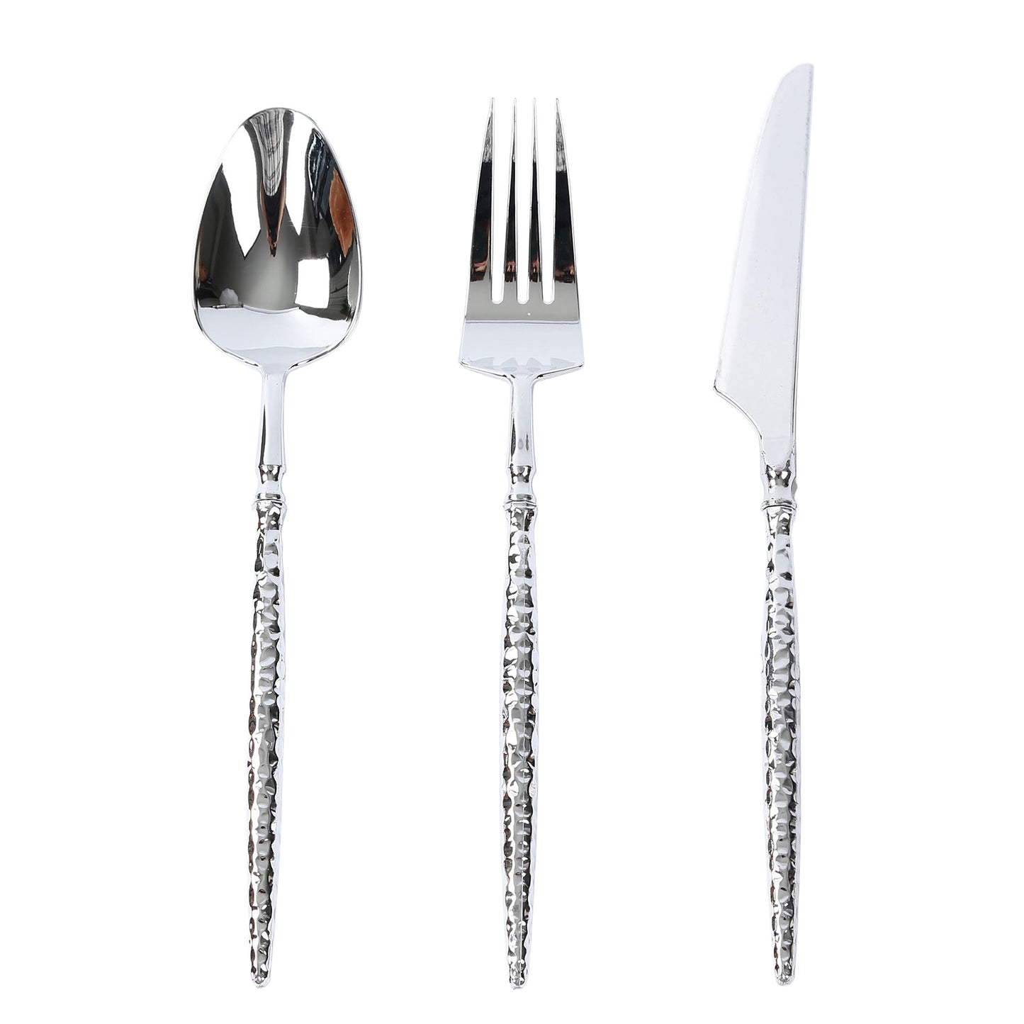 60-Pack Silver Plastic Cutlery Set with Faceted Hammered Handles - Heavy Duty Disposable Silverware