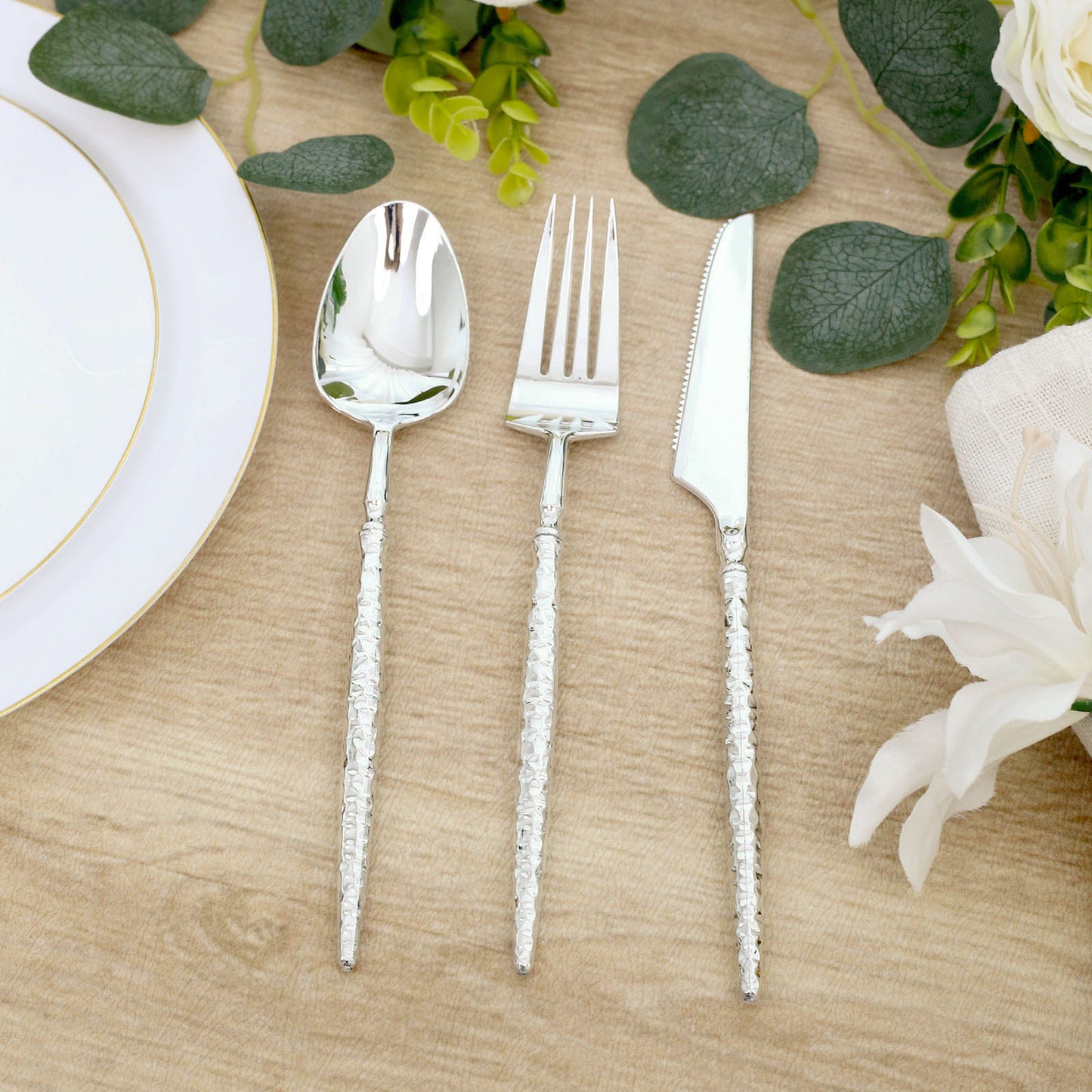 60-Pack Silver Plastic Cutlery Set with Faceted Hammered Handles - Heavy Duty Disposable Silverware