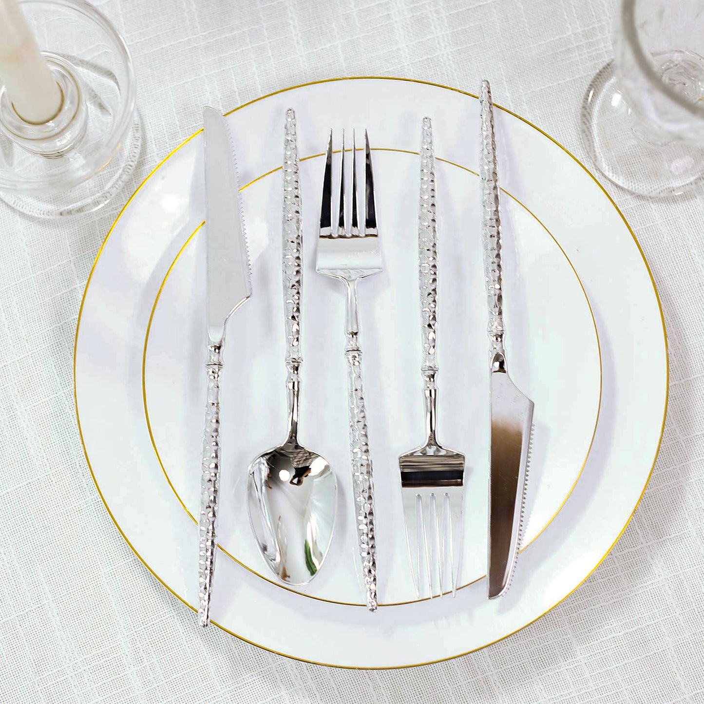 60-Pack Silver Plastic Cutlery Set with Faceted Hammered Handles - Heavy Duty Disposable Silverware