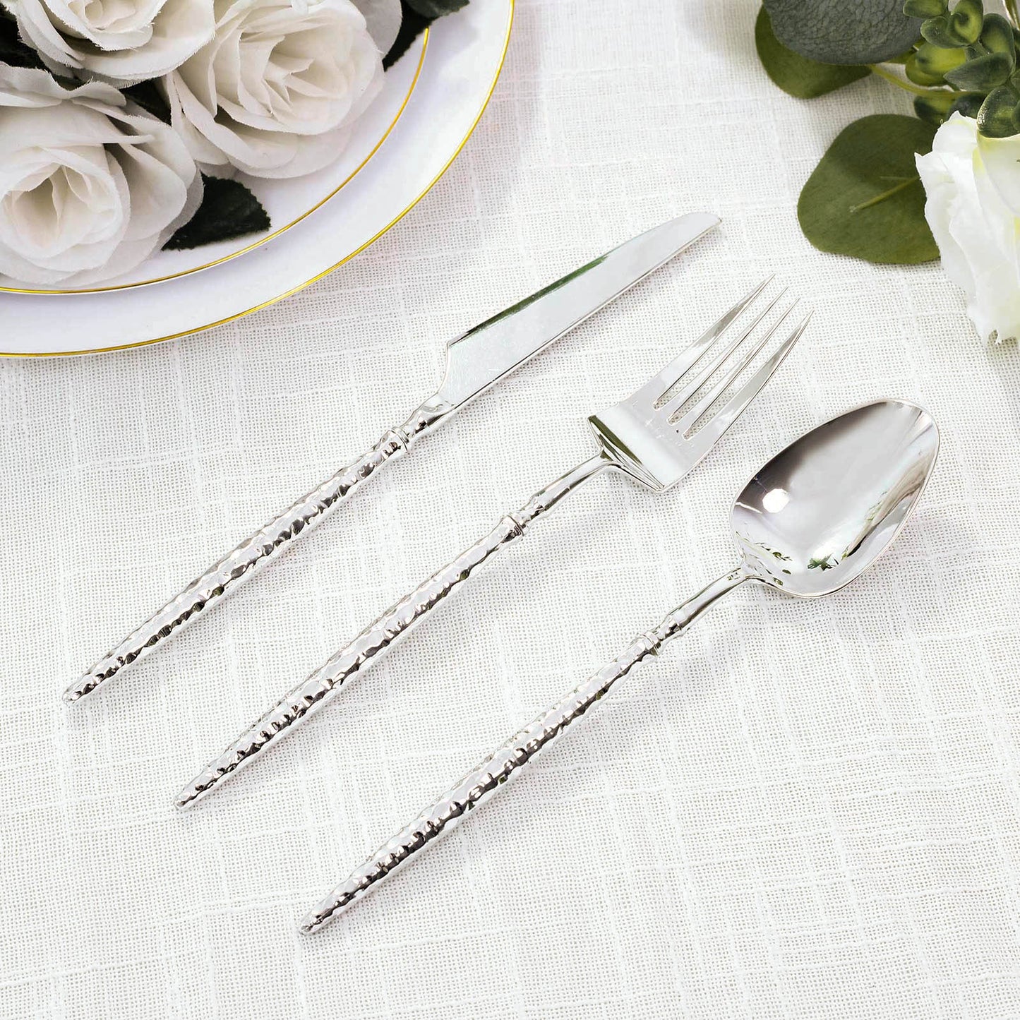 60-Pack Silver Plastic Cutlery Set with Faceted Hammered Handles - Heavy Duty Disposable Silverware
