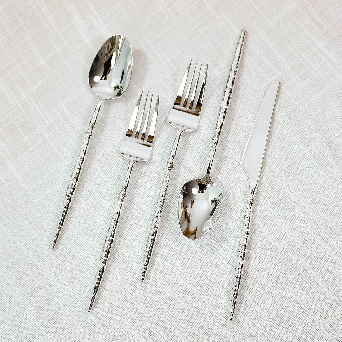 60-Pack Silver Plastic Cutlery Set with Faceted Hammered Handles - Heavy Duty Disposable Silverware