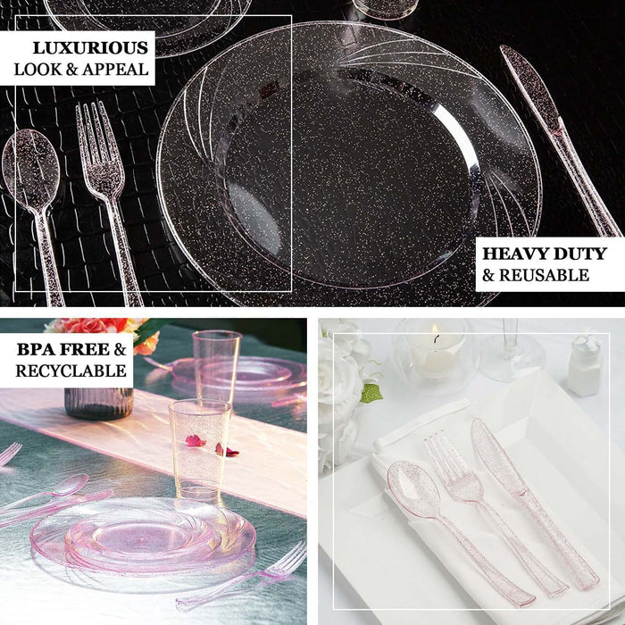 25 Pack 7" Transparent Blush Glitter Classic Heavy Duty Disposable Spoons, Sparkly Plastic Silverware