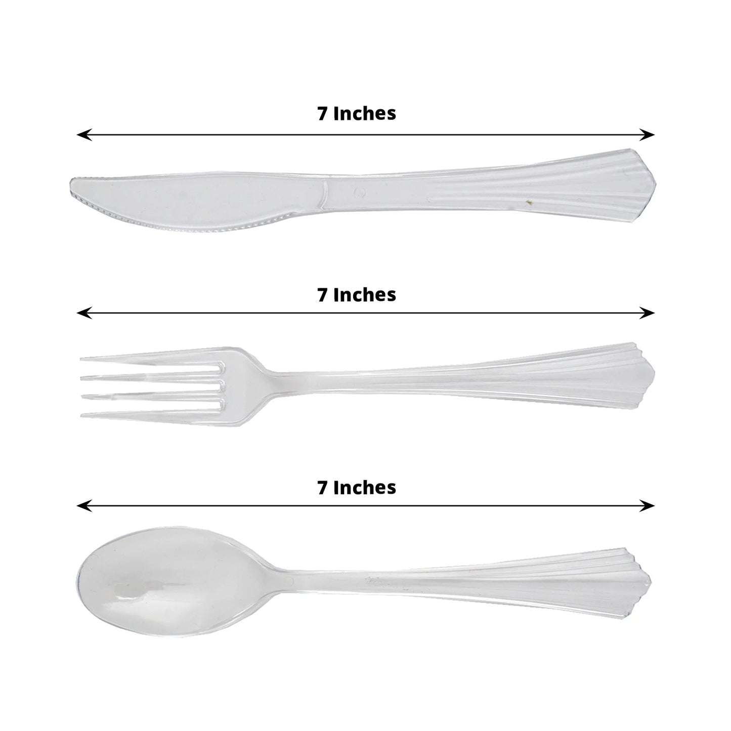 7-inch clear plastic cutlery set: knife, fork, and spoon for catering and events.