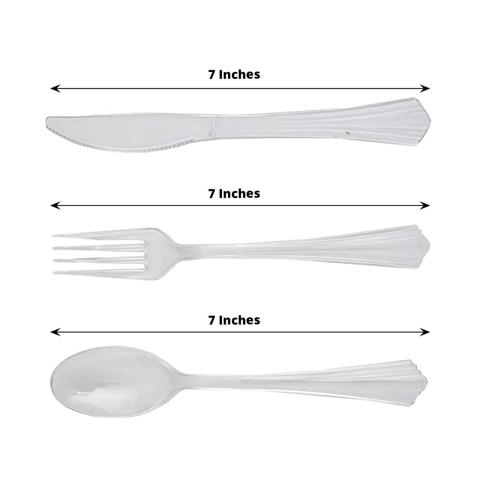 7-inch clear plastic cutlery set: knife, fork, and spoon for catering and events.