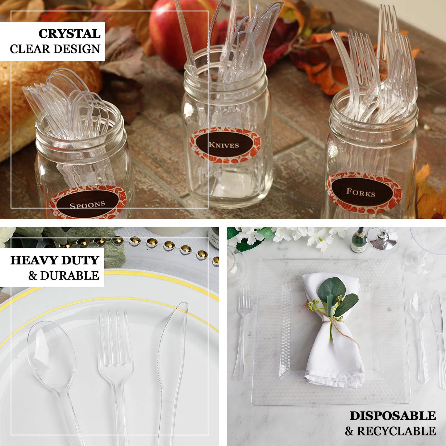 Transparent black disposable cutlery set with fan flared tip handle.