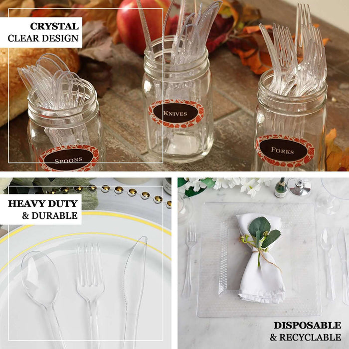 Clear disposable cutlery in jars, showcasing durability and recyclability for events.