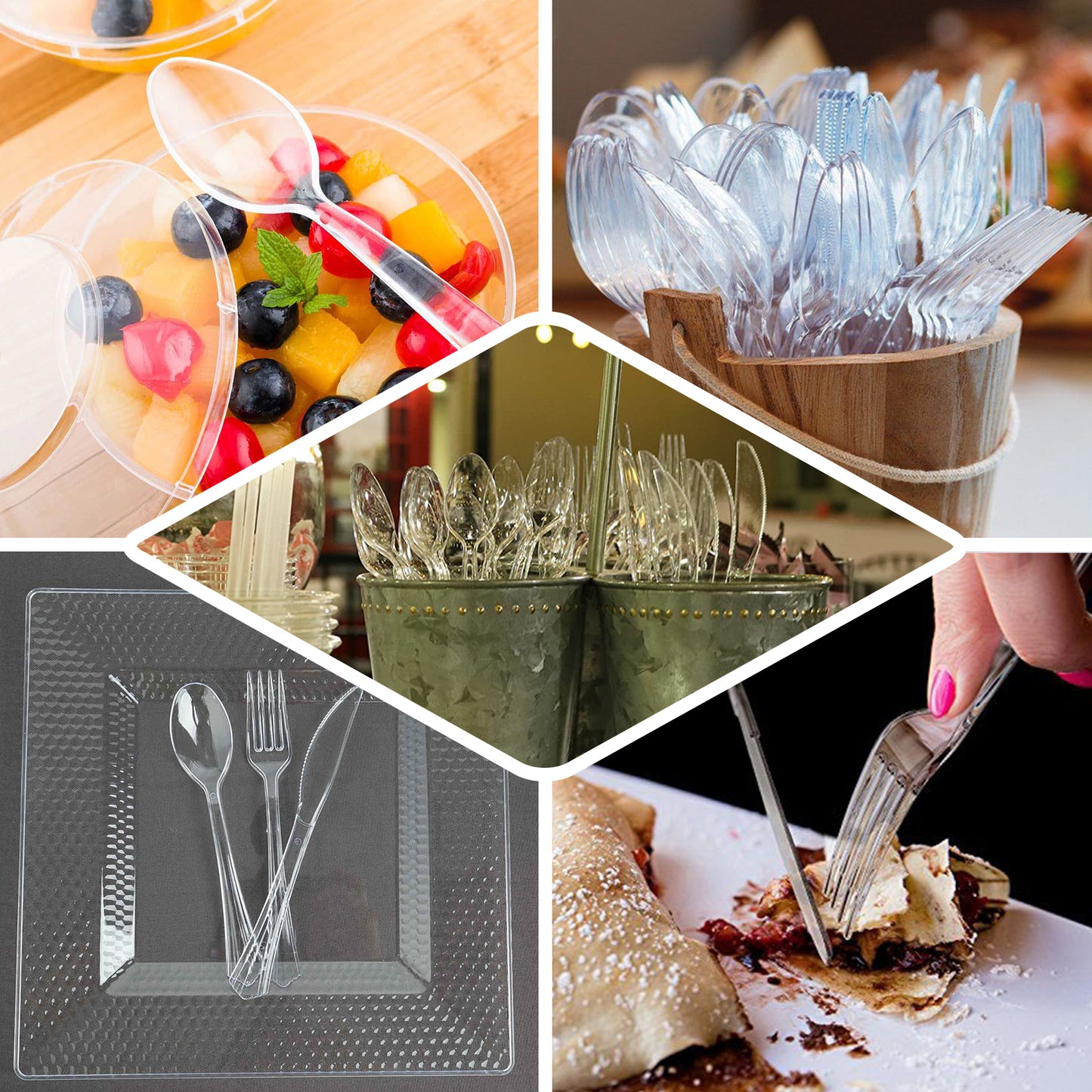 Transparent black disposable cutlery set with fan flared tip handle.
