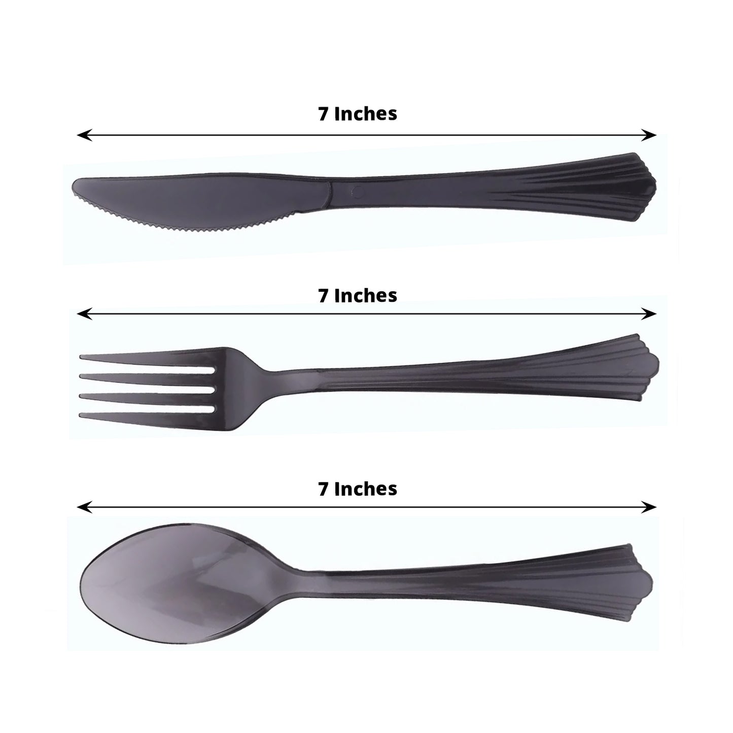 Transparent black disposable plastic cutlery set, 24 pieces, 7 inches each.