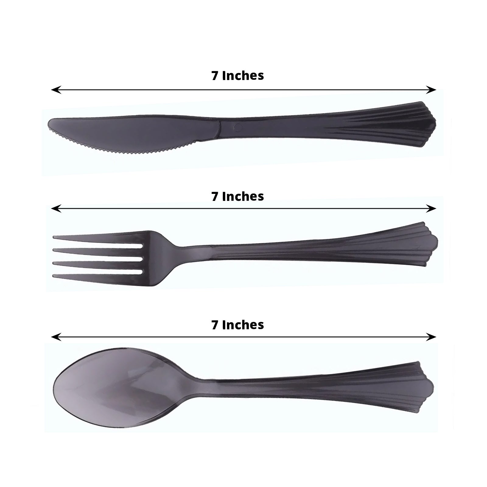 Transparent black disposable plastic cutlery set, 24 pieces, 7 inches each.