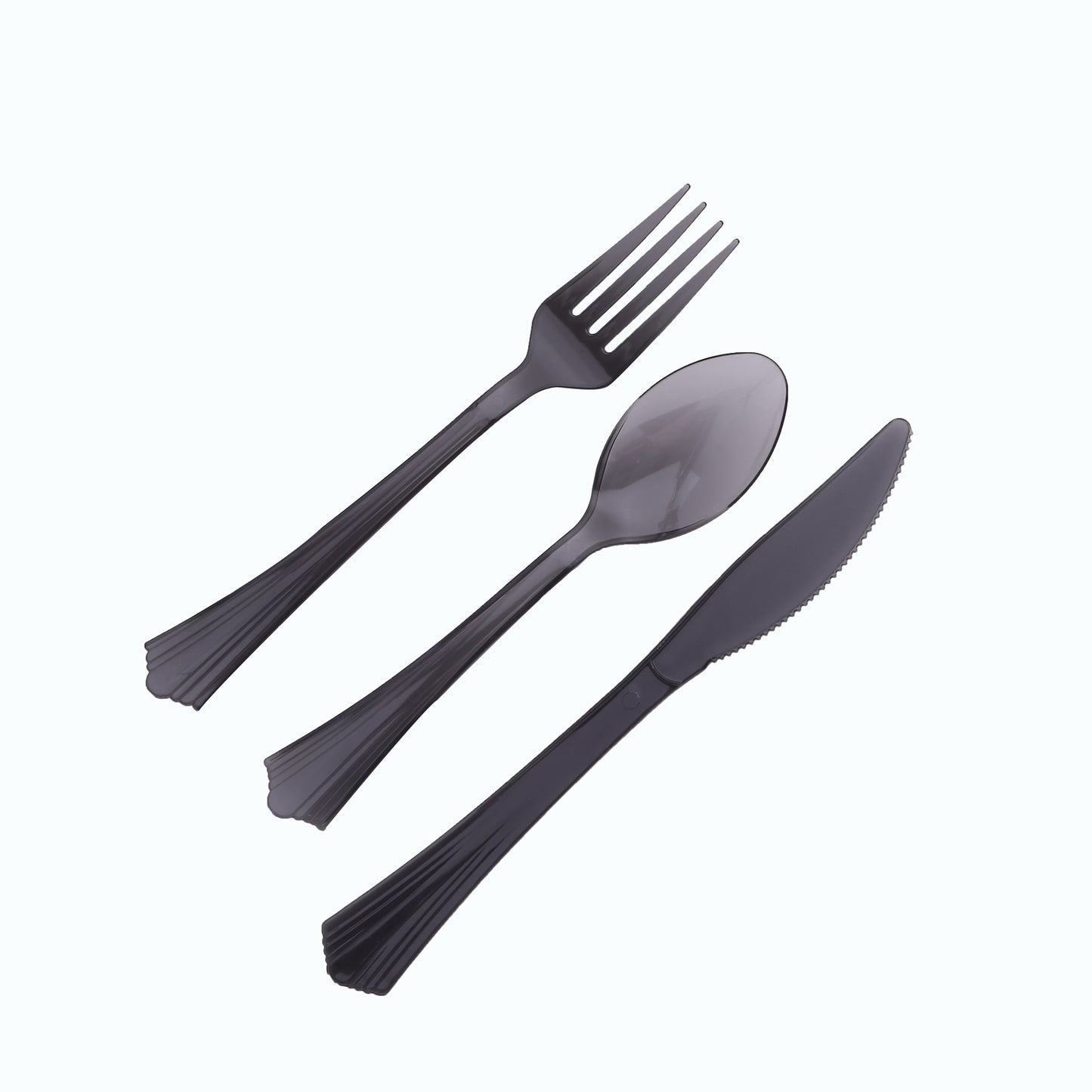 Transparent black disposable cutlery set with flared handles.