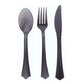 Transparent black disposable plastic cutlery set with fan flared tip handle.