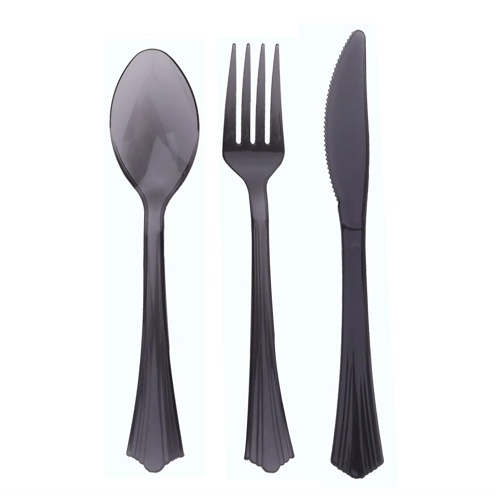 Transparent black disposable plastic cutlery set with fan flared tip handle.