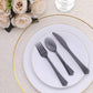 Transparent black disposable plastic cutlery set on a white plate.