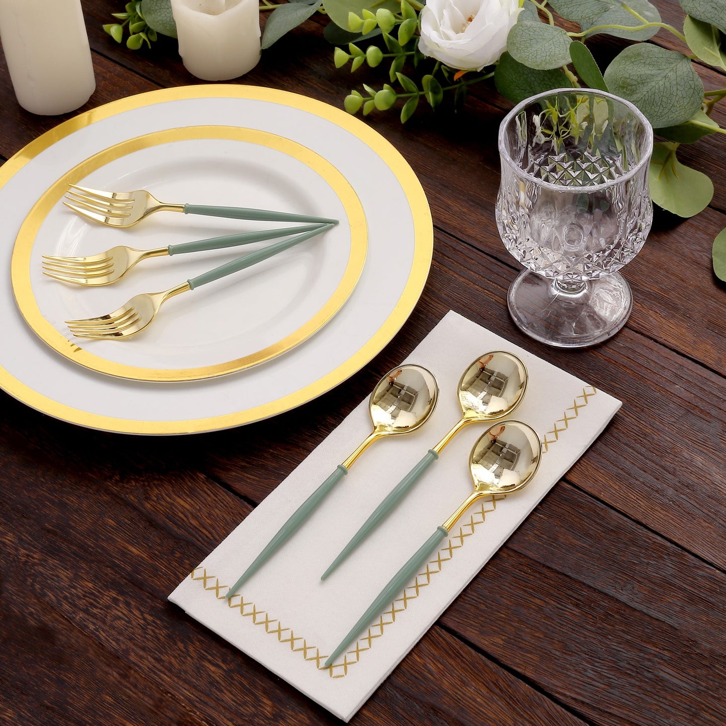 24 Pack Metallic Gold Dusty Sage Green Premium Disposable Fork Spoon Silverware Set, 6" Modern Heavy Duty Plastic Utensils