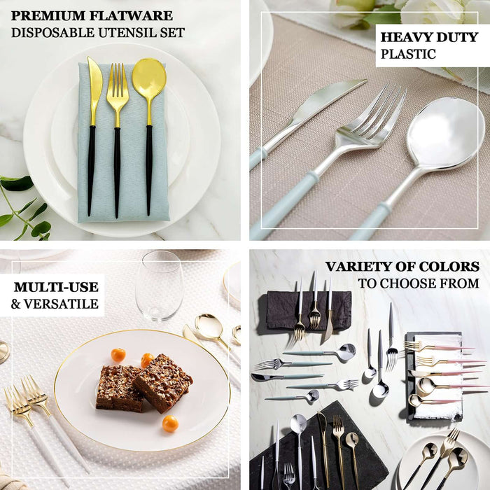 24 Pack | Black 8" Modern Flatware Set, Heavy Duty Plastic Silverware With Gold Handle