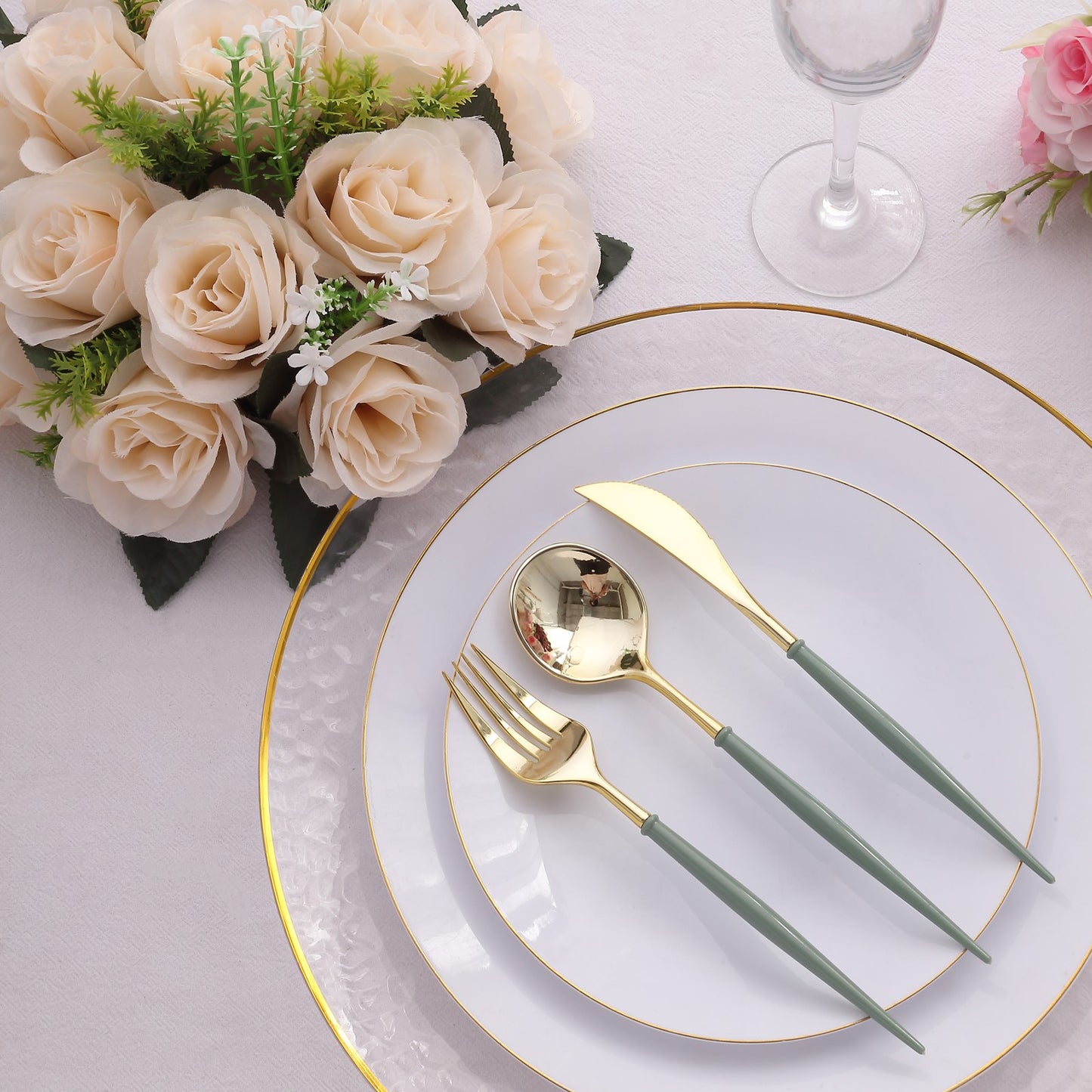 24 Pack Metallic Gold With Dusty Sage Green Silverware Set, 8" Modern Premium Plastic Utensil Set