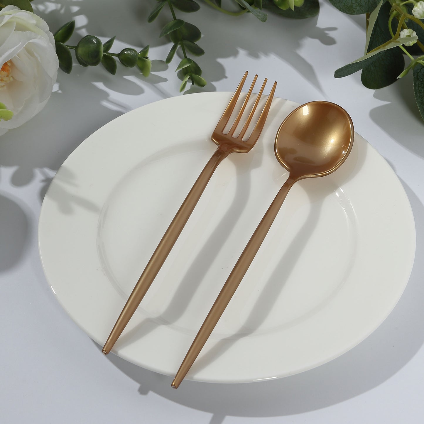 50 Pack Gold Heavy Duty Disposable Silverware Set, Shiny Plastic Dessert Forks and Spoons