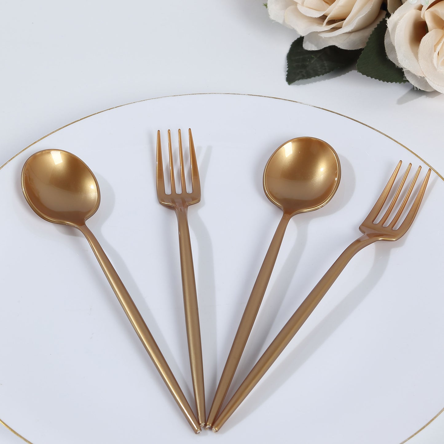 50 Pack Gold Heavy Duty Disposable Silverware Set, Shiny Plastic Dessert Forks and Spoons