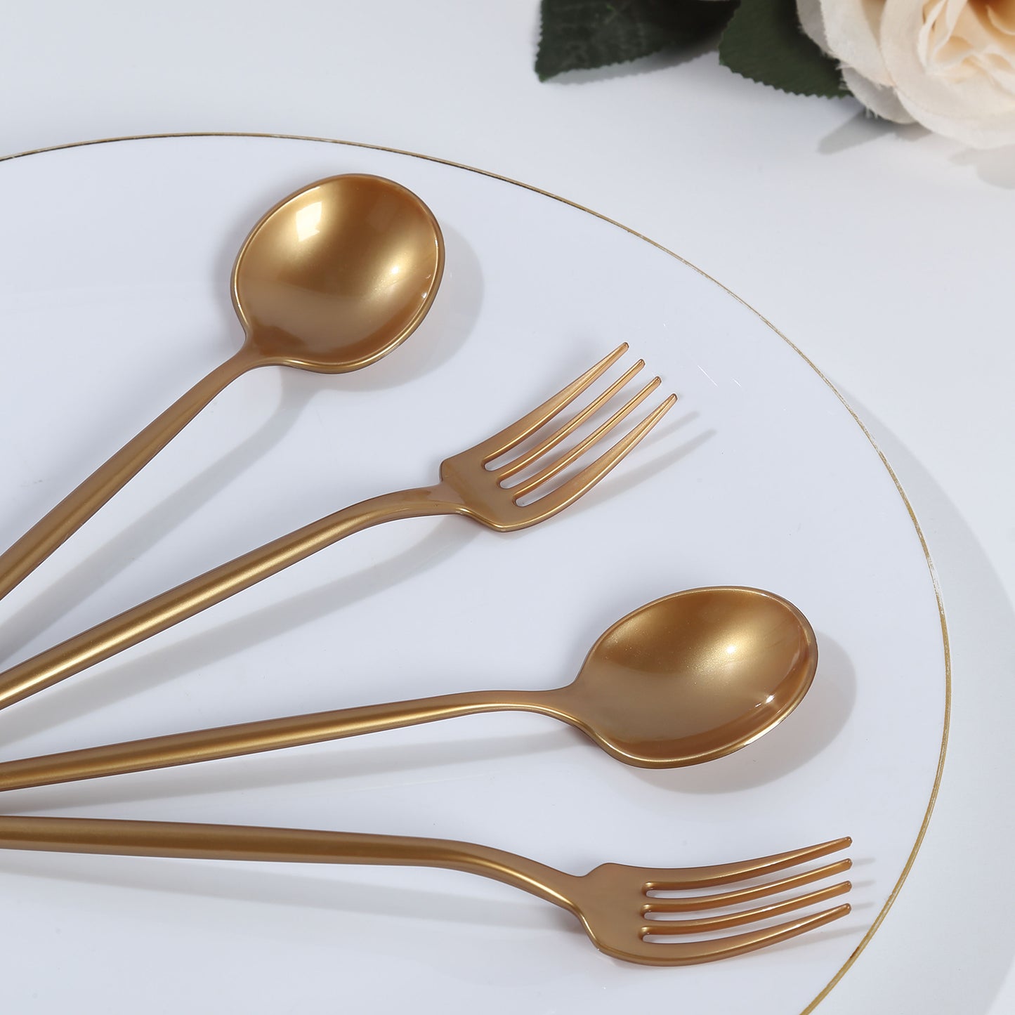 50 Pack Gold Heavy Duty Disposable Silverware Set, Shiny Plastic Dessert Forks and Spoons