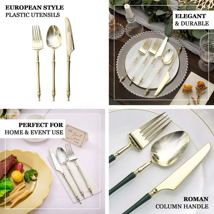 24 Pack | Gold European Style Plastic Utensil Set with Roman Column Handle, Disposable Fork, Spoon and Knife Silverware