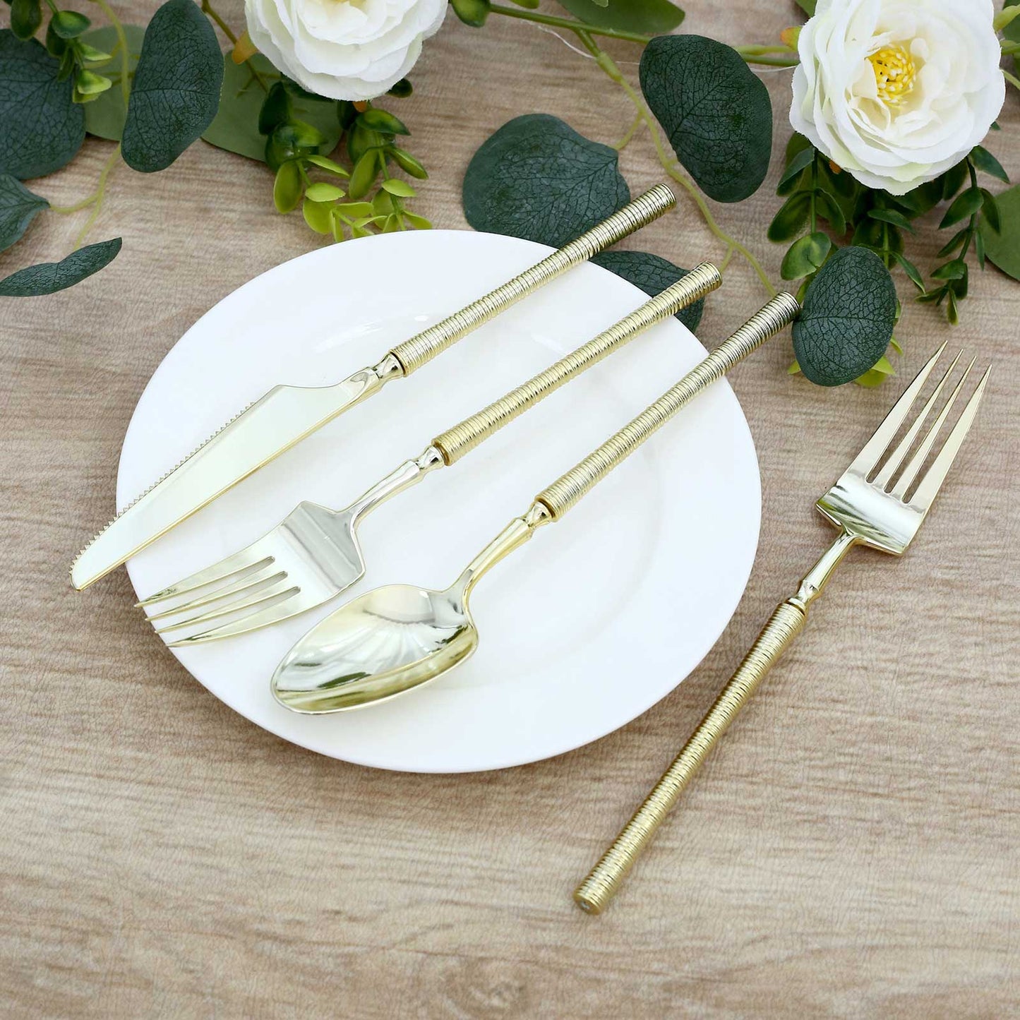 60-Pack Plastic Cutlery Set with Ribbed Handle - Gold, Heavy Duty Disposable Fork Spoon Knife Combo