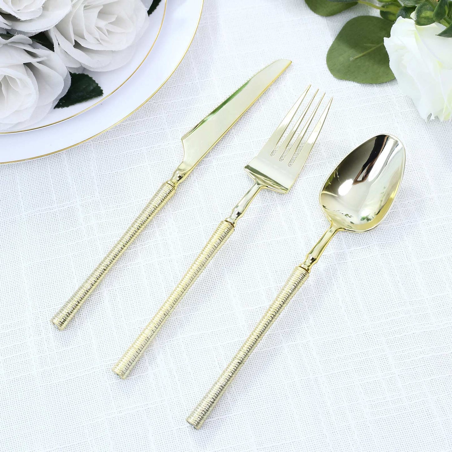 60-Pack Plastic Cutlery Set with Ribbed Handle - Gold, Heavy Duty Disposable Fork Spoon Knife Combo