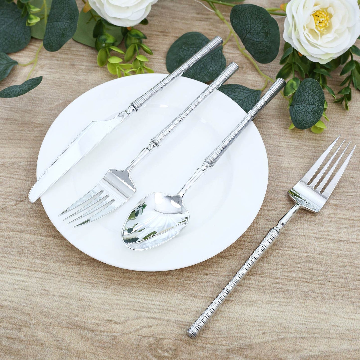 60-Pack Plastic Cutlery Set with Ribbed Handle - Silver, Heavy Duty Disposable Fork Spoon Knife Comb