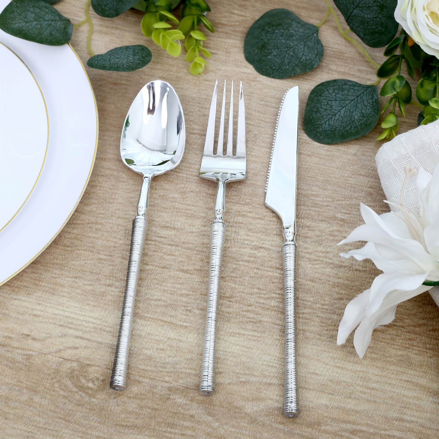 60-Pack Plastic Cutlery Set with Ribbed Handle - Silver, Heavy Duty Disposable Fork Spoon Knife Comb