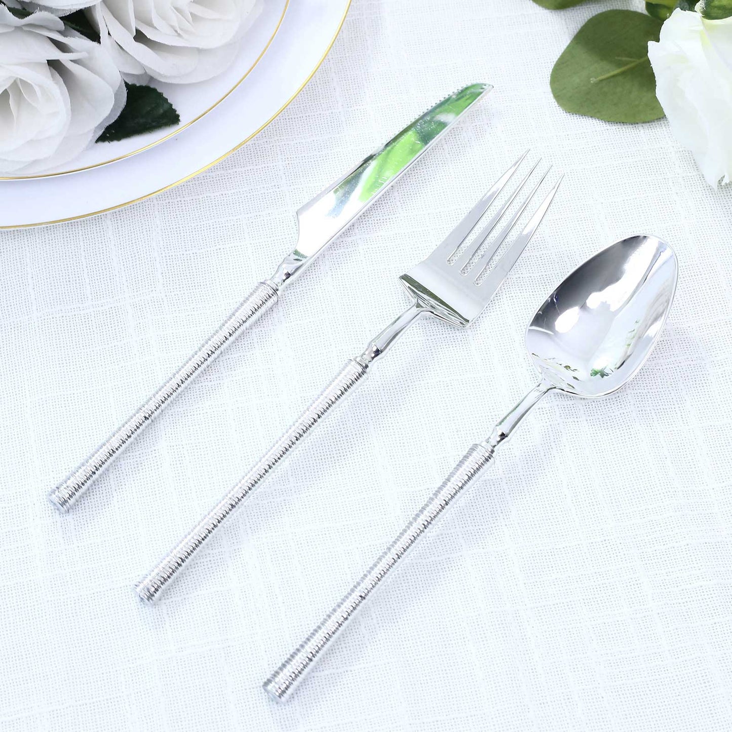 60-Pack Plastic Cutlery Set with Ribbed Handle - Silver, Heavy Duty Disposable Fork Spoon Knife Comb