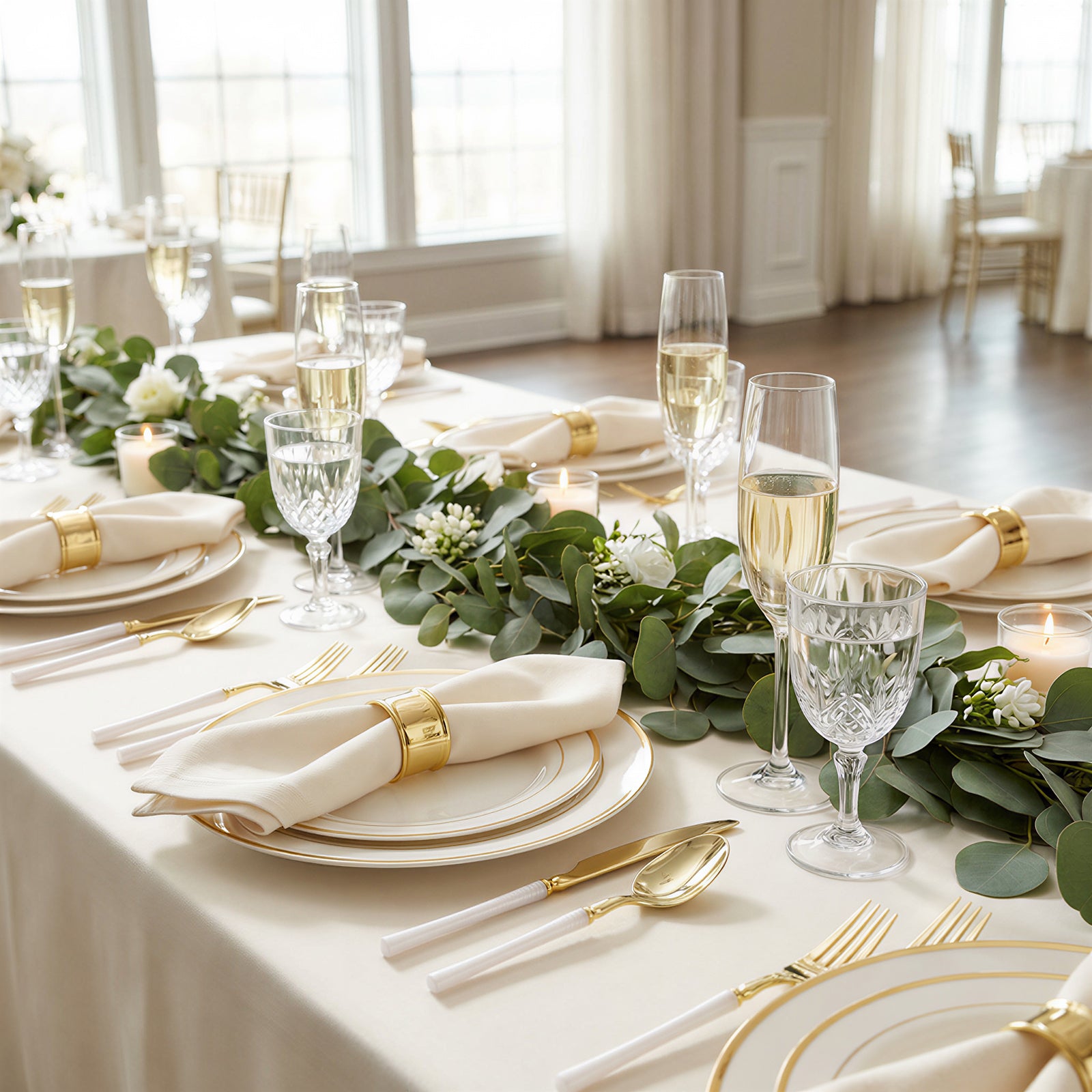 Gold plastic cutlery set with white handles on an elegant dining table.