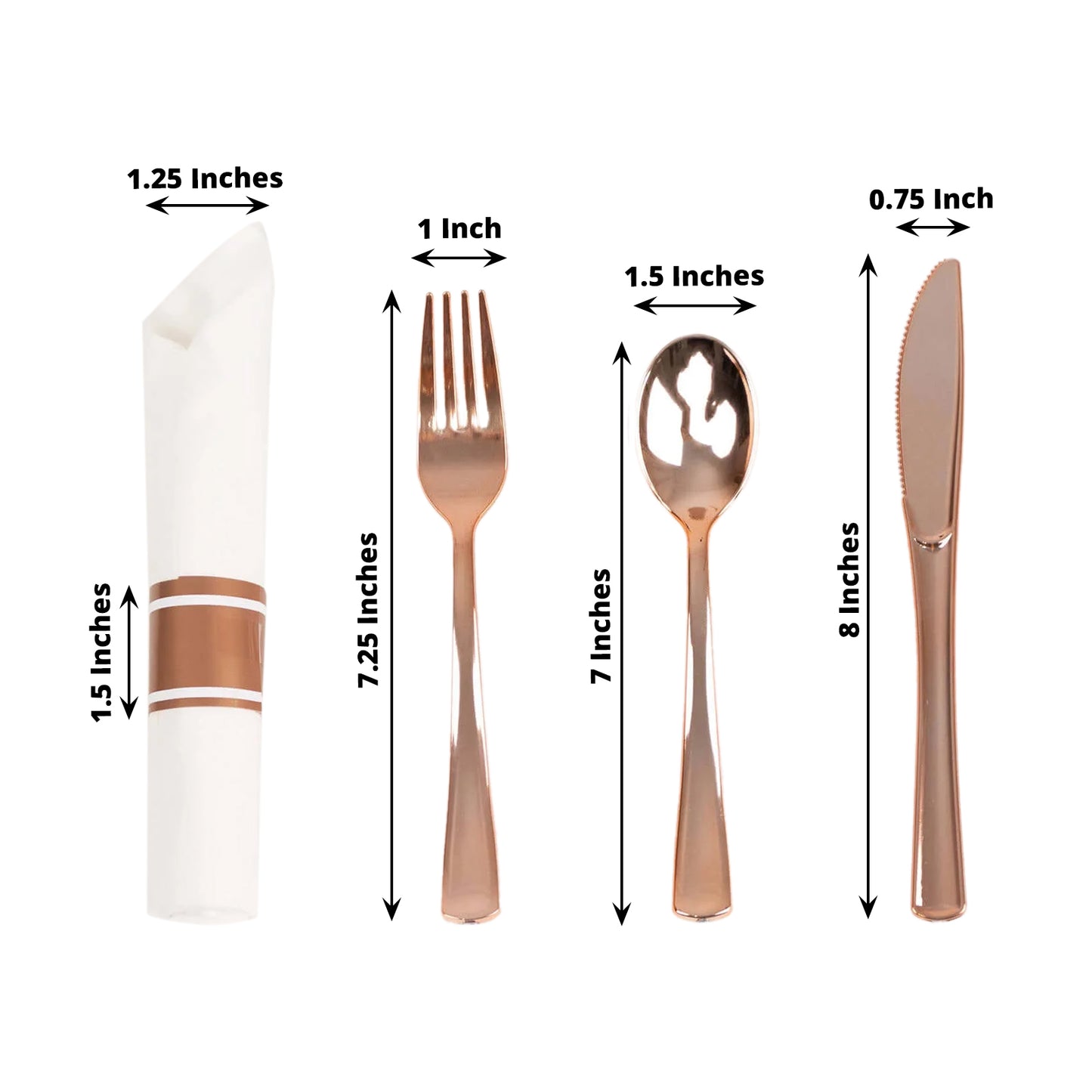 Set of 24 Pre Rolled Plastic Silverware Sets in Rose Gold with White Paper Napkins, Disposable Wrapped Cutlery Set - 24 Napkins, 24 Spoons, 24 Forks and 24 Knives