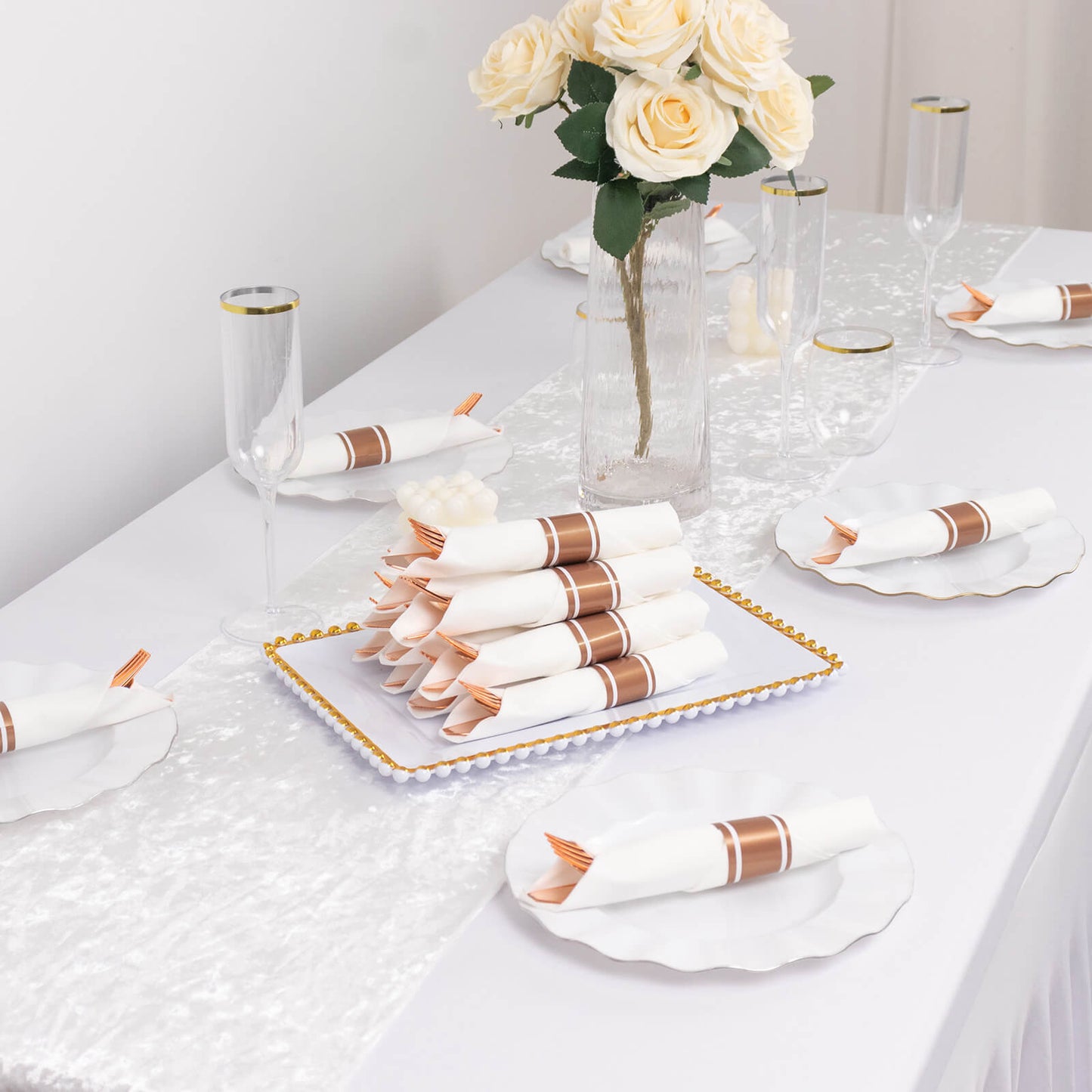Set of 24 Pre Rolled Plastic Silverware Sets in Rose Gold with White Paper Napkins, Disposable Wrapped Cutlery Set - 24 Napkins, 24 Spoons, 24 Forks and 24 Knives